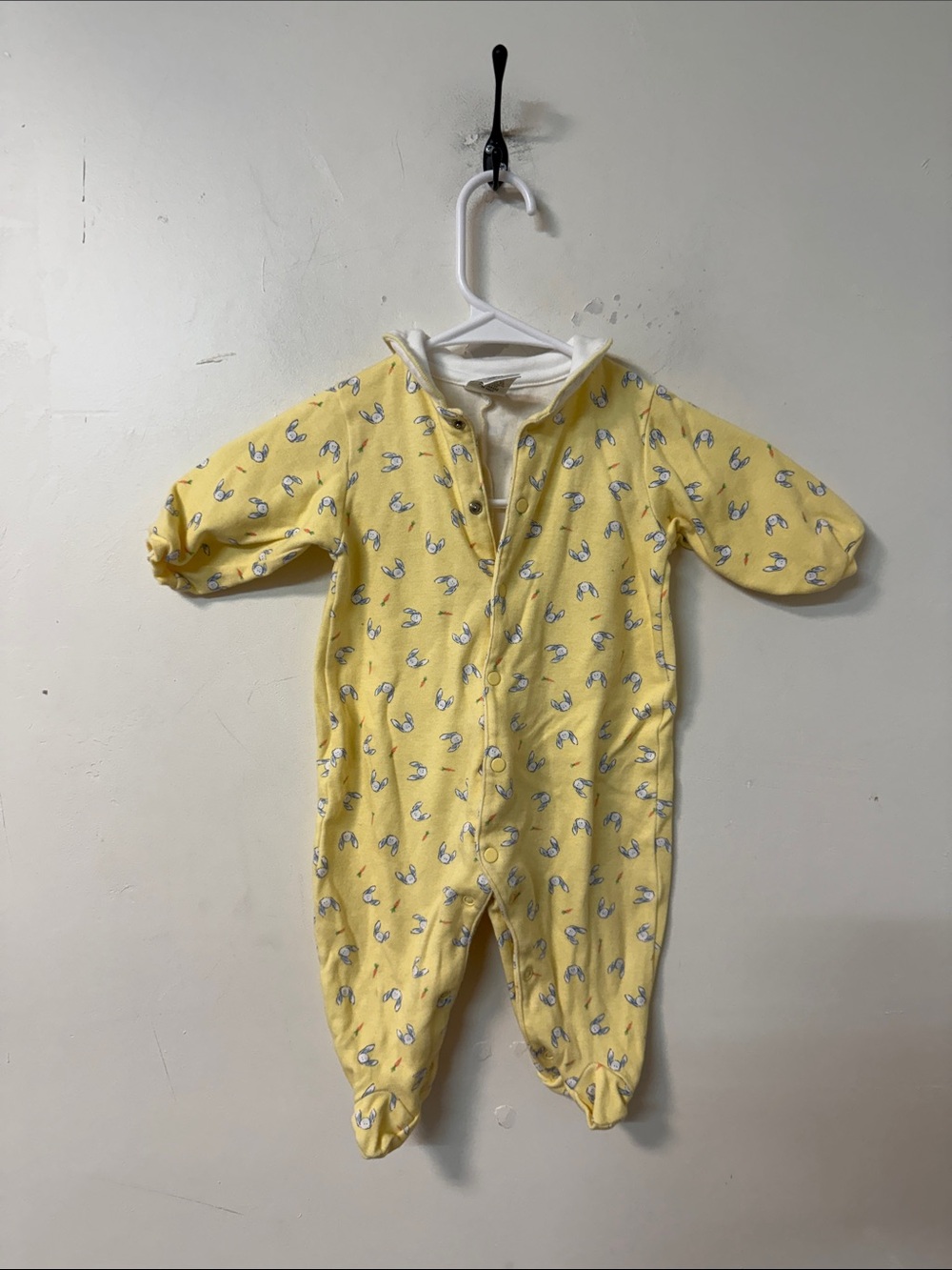 Yellow Hooded Baby Footed One-Piece with Bunny Print vintage